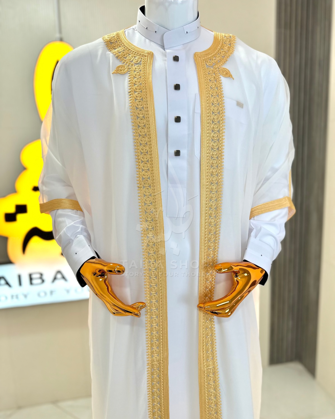 ENSEMBLE QATARI+RIDAA Blanc | طقم مناسبات قميص+رداء