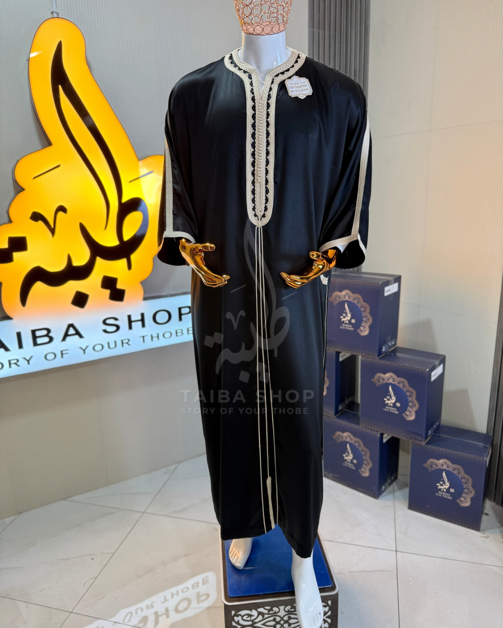 GANDOURA NOIR SatinxCoton كندورة قمة الأصالة